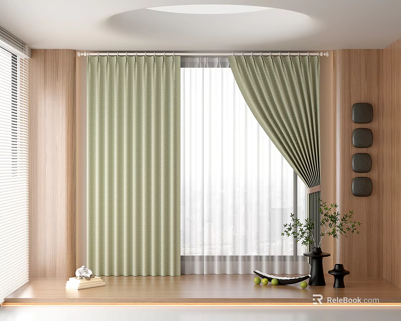 Green Double Layer Curtains With Sheer Panel And Wooden Wall Decor 3d model