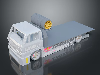 White Model Truck with Flatbed Trailer Gray Drum Yellow Wheel LEWE Logo FOCUS 283 Branding 3d model