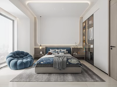 Modern Kids Room Design With Comfortable Bed Blue Chair Large Window And Soft Rug 3d model