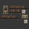 Vintage Wooden Bookshelf Furniture With Stacked Books And Decorative Framed Artworks