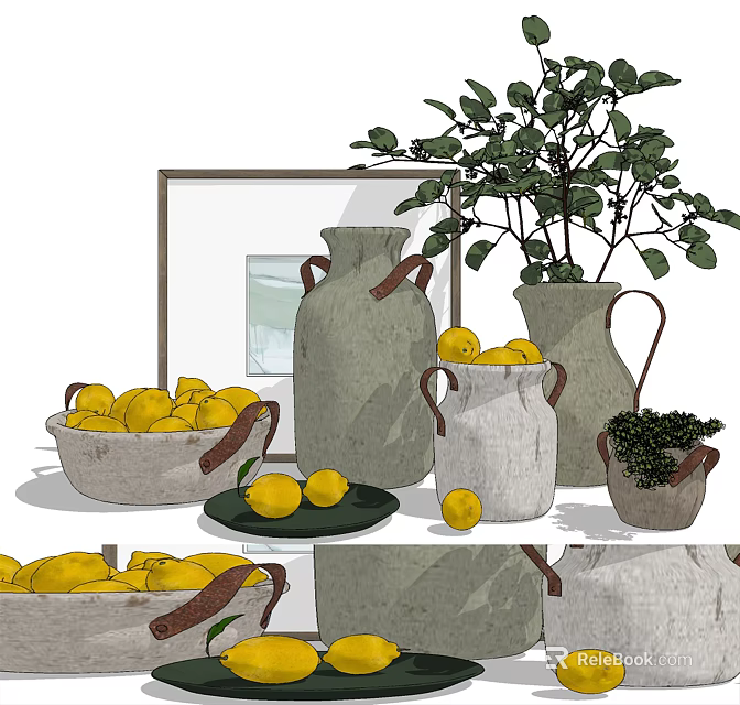 Stylish Decorative Ornament Set With Lemons Clay Vases Green Plants And Picture Frame 3d model 