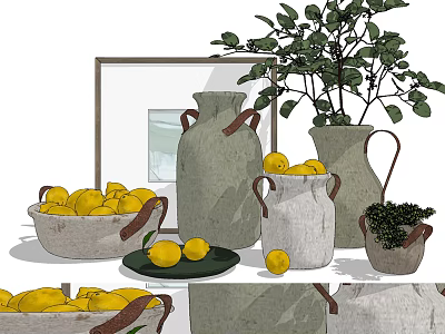 Stylish Decorative Ornament Set With Lemons Clay Vases Green Plants And Picture Frame 3d model
