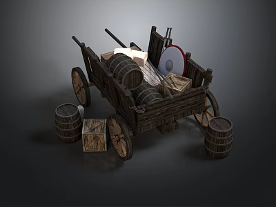 Vintage Wooden Cart With Wooden Wheels Barrels And Crates On Dark Background 3d model