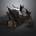 Vintage Wooden Cart With Wooden Wheels Barrels And Crates On Dark Background