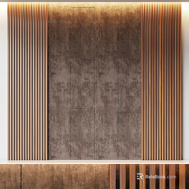 Modern Accent Wall Design With Textured Dark Surface And Vertical Wooden Slats 3d model 