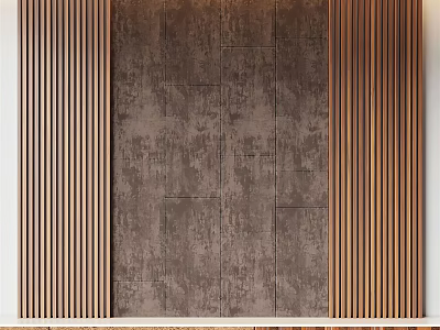 Modern Accent Wall Design With Textured Dark Surface And Vertical Wooden Slats 3d model