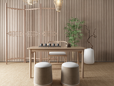 New Chinese Tea Table and Chair Tea Table Bamboo Partition 3d model