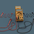 Two Yellow Analog Multimeters With Red Black Test Wires Displayed On Blue Background 3d model