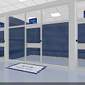 Modern Glass Partition Waiting Area With Blue Walls Seats Screens And Floor Mat