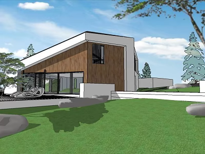 Modern Detached Villa Featuring Wooden Exterior Large Glass Windows Green Lawn and Trees 3d model