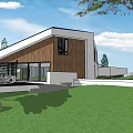 Modern Detached Villa Featuring Wooden Exterior Large Glass Windows Green Lawn and Trees