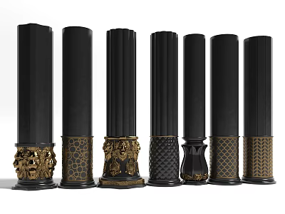 Black Columns With Intricate Gold Base Decorations And Various Patterns 3d model
