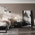 Modern Bedroom Interior With Bed Bedding Table Lamps Pendant Light Wall Art And Window Curtains