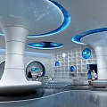 Modern Lounge Area With Round Tables Chairs Water Table Blue Accents And Large Screen