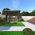 Courtyard Garden with Red Brick Cottage Green Lawn Stone Path Trees and Wall