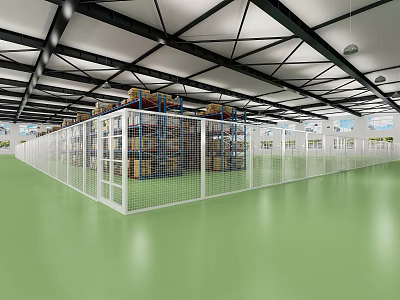 Elevator Aisle in Warehouse with Green Floor White Fence and Stacked Cargo Shelves 3d model