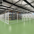 Elevator Aisle in Warehouse with Green Floor White Fence and Stacked Cargo Shelves