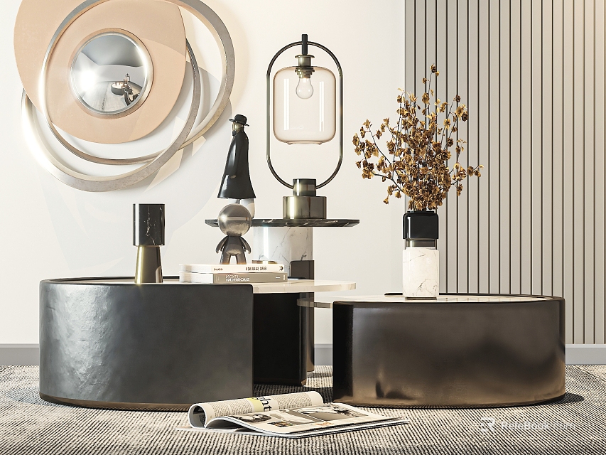 Elegant Modern Round Leather Coffee Table with Decorative Lamp Dried Flowers and Magazines 3d model 