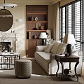 Elegant Living Room Interior With Ornate Ceiling Circular Mirror Fireplace Bookshelves Sofa And Armchair
