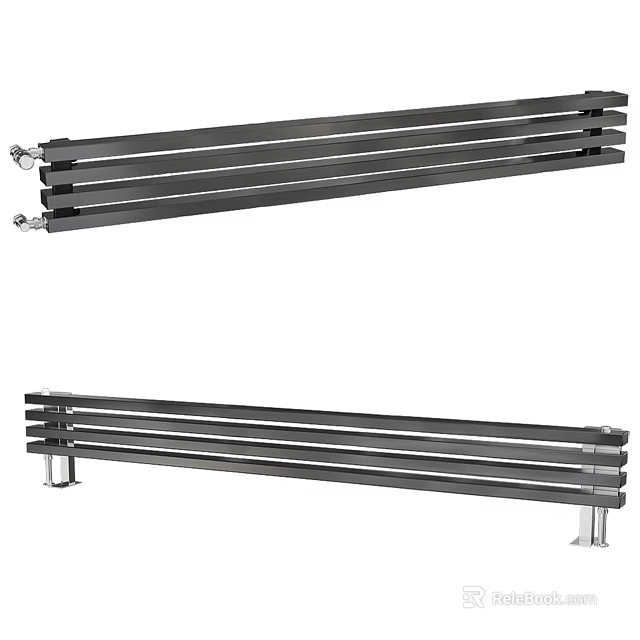 Modern Black Horizontal Radiator With Multiple Bars And Silver Support Legs Design 3d model 