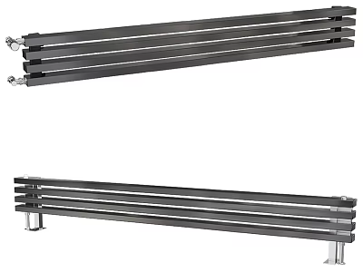 Modern Black Horizontal Radiator With Multiple Bars And Silver Support Legs Design 3d model