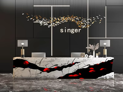 Elegant Reception Desk with Black Wall Hanging Chandelier Marble Red Veins Countertop Lamps Singer Logo 3d model