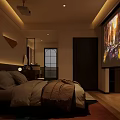 Modern Bedroom Interior With Cozy Bed Nightstands Table Lamps Area Rug And Geometric Wall Decor