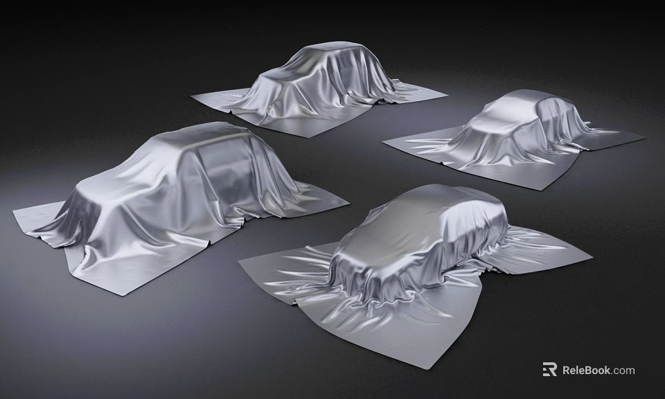 Four Silver Cloth Covered Objects Displayed With Smooth Fabric On Dark Background 3d model