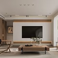 Warm Bright Modern Living Room With Natural Wood Furniture Comfortable Sofa And Custom Storage Cabinets