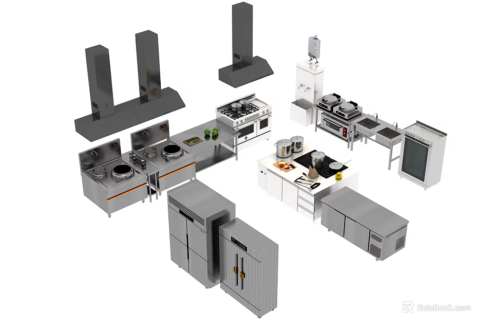 Essential Modern Kitchen Appliances Including Range Hoods Stoves Ovens Refrigerators And Dishwashers 3d model 