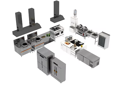 Essential Modern Kitchen Appliances Including Range Hoods Stoves Ovens Refrigerators And Dishwashers 3d model