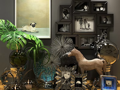 Decorative Ornaments Set With Green Plants Vases Photo Frames Horse Figurine Decorative Flowers And Clock 3d model