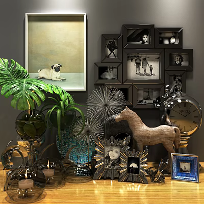 Decorative Ornaments Set With Green Plants Vases Photo Frames Horse Figurine Decorative Flowers And Clock 3d model