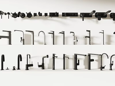 Various Modern Faucet Designs Displayed In Stylish Arrangement On White Wall 3d model