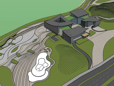 Modern Architectural Complex With Curved Pathways Green Areas And Water Feature 3d model
