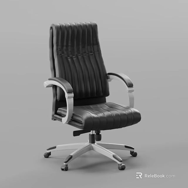 Black Leather Office Chair with Ribbed High Back and Silver Metal Armrests 3d model 