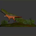 Realistic Red Fox Standing On Circular Platform With Green Grass Small Shrubs And Wooden Log