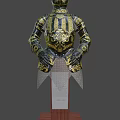 Ornate Knight Armor With Golden Black Decoration On Wooden Display Base