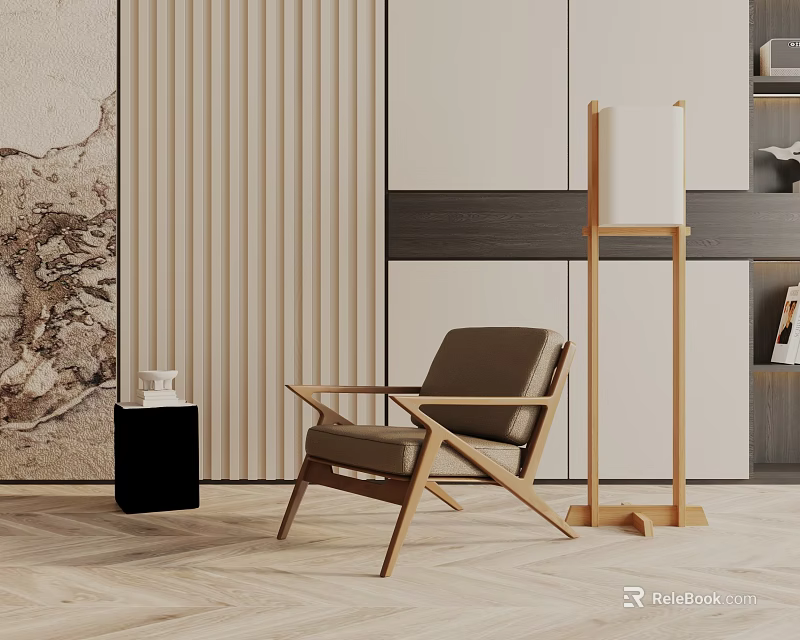 Modern Brown Leather Lounge Chair With Wooden Frame Black Side Table And Floor Lamp 3d model 