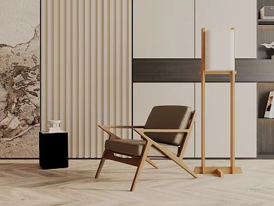 Modern Brown Leather Lounge Chair With Wooden Frame Black Side Table And Floor Lamp 3d model