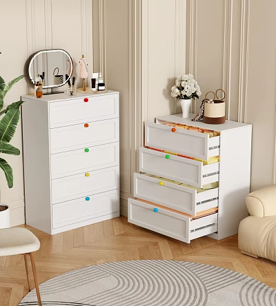 Stylish White Chest of Drawers with Colorful Knobs and Open Drawers in Living Room Interior 3d model