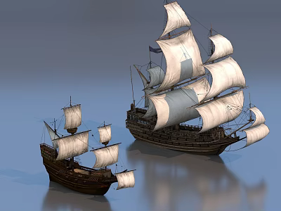 Two Classic Sailing Ships With White Sails And Dark Hulls On Calm Water Surface 3d model
