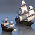 Two Classic Sailing Ships With White Sails And Dark Hulls On Calm Water Surface