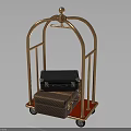 Golden Luggage Cart With Stacked Suitcases On Red Base And Wheels