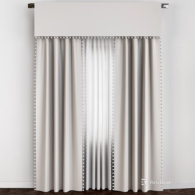 Soft Beige Pleated Curtain with Valance and Tassel Trim for Living Room Window Design 3d model 