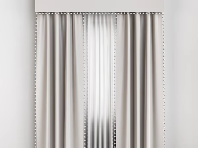 Soft Beige Pleated Curtain with Valance and Tassel Trim for Living Room Window Design 3d model
