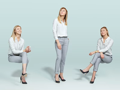 Three Women In White Shirts And Gray Pants Posing In Different Standing And Sitting Styles 3d model