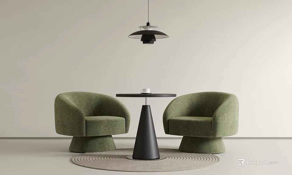 Green Armchairs With Black Cone Shaped Table And Hanging Pendant Light On Round Rug 3d model 