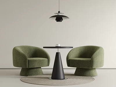 Green Armchairs With Black Cone Shaped Table And Hanging Pendant Light On Round Rug 3d model