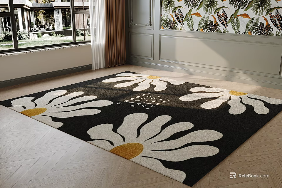 Black Square Carpet With White Daisy Pattern In Living Room 3d model